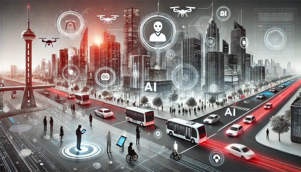 AI-driven smart city bustling with autonomous vehicles, drones, and people engaging with virtual assistants.