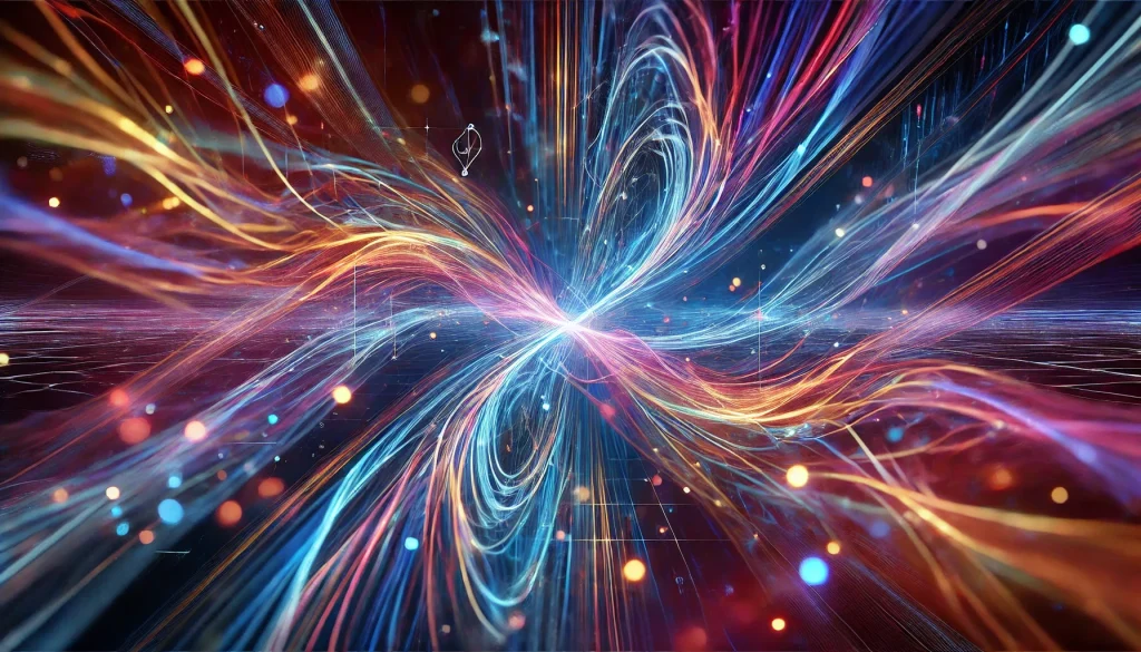 Abstract quantum wavefunctions depicted with colorful light trails, representing the complexity of quantum superposition.