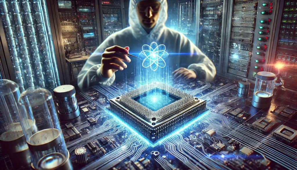  A scientist analyzing a quantum processor, with intricate qubits glowing in a high-tech environment.