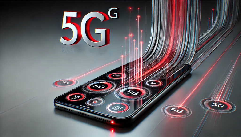 Smartphone displaying fast 5G speeds with futuristic holographic elements.