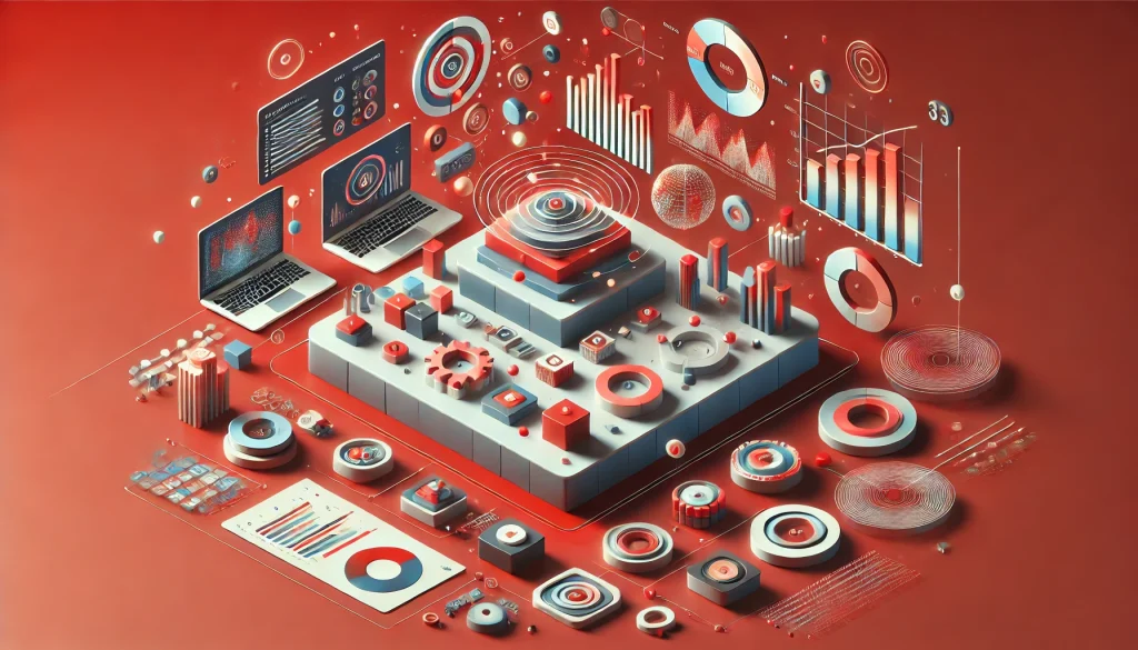 A vibrant 3D illustration depicting various data analytics tools, graphs, and charts on a futuristic red-toned interface, showcasing interconnected digital and technological elements.