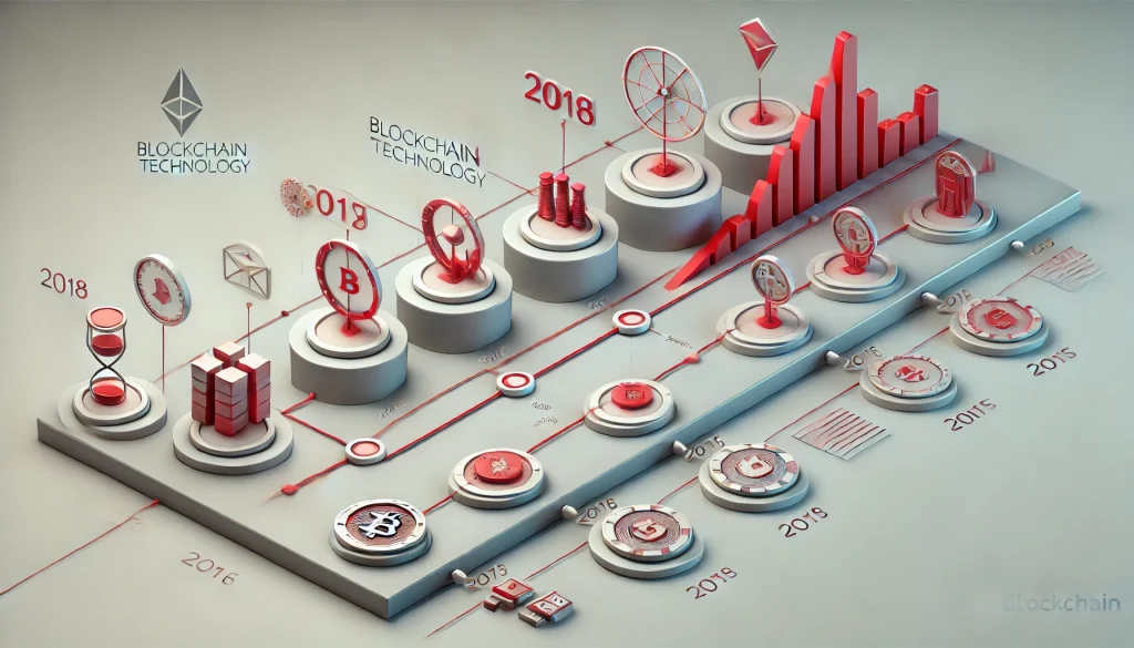 A 3D infographic-style timeline highlighting the evolution of blockchain technology from 2015 to 2018, with detailed elements like coins, charts, and technological symbols on a clean white background