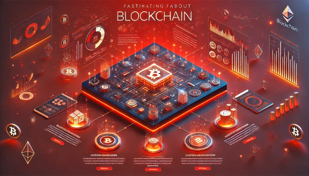 A visually striking 3D concept art focused on blockchain technology, featuring Bitcoin and Ethereum logos, glowing charts, and interconnected digital components in red and orange hues, emphasizing futuristic innovation.