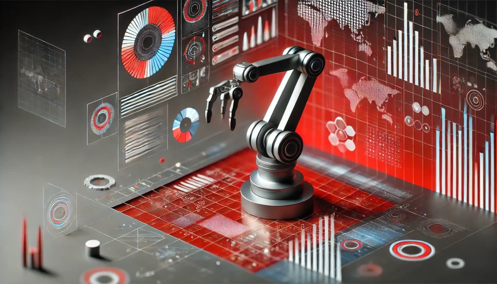 Robotic arm interpreting data patterns with futuristic AI digital overlay.