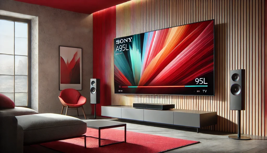 Sleek Sony A95L TV showcasing vivid colors in a modern living room.