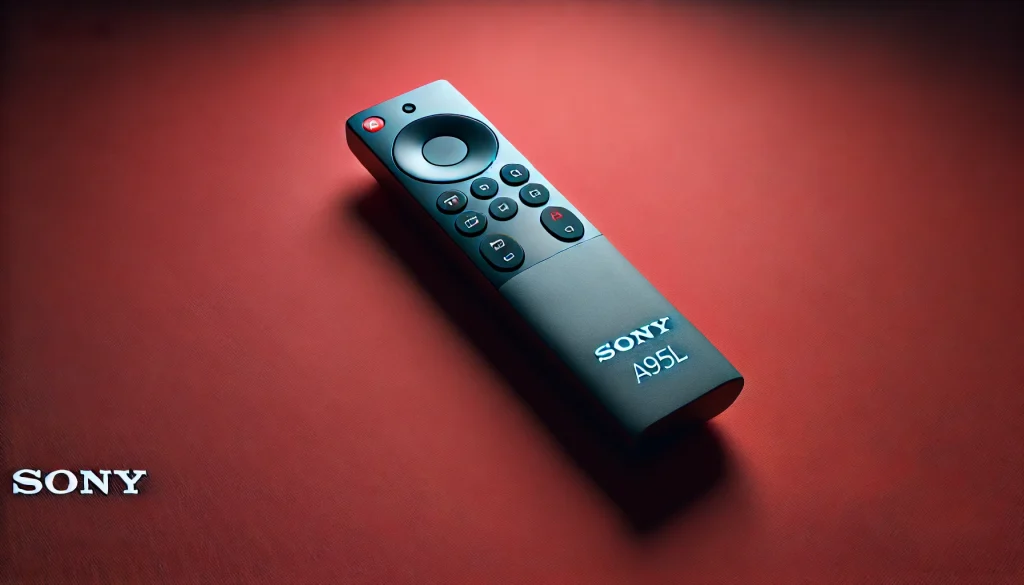 Close-up of Sony A95L remote control emphasizing sleek ergonomic design.