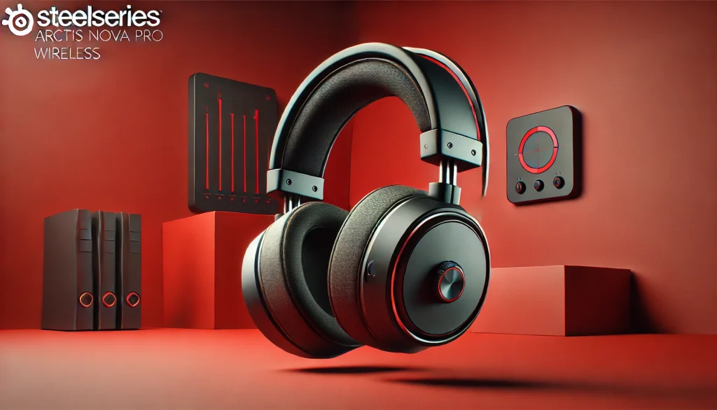 Close-up of SteelSeries Arctis Nova Pro Wireless headset showcasing sleek design, adjustable headband, and plush earcups.