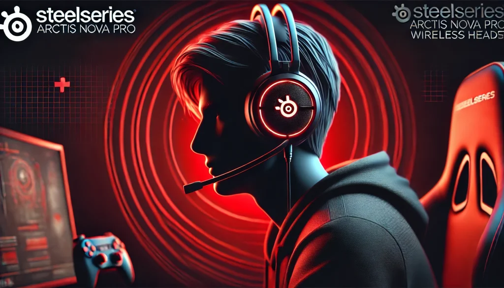 Gamer wearing SteelSeries Arctis Nova Pro Wireless headset, immersed in gameplay, with intense background lighting effects.