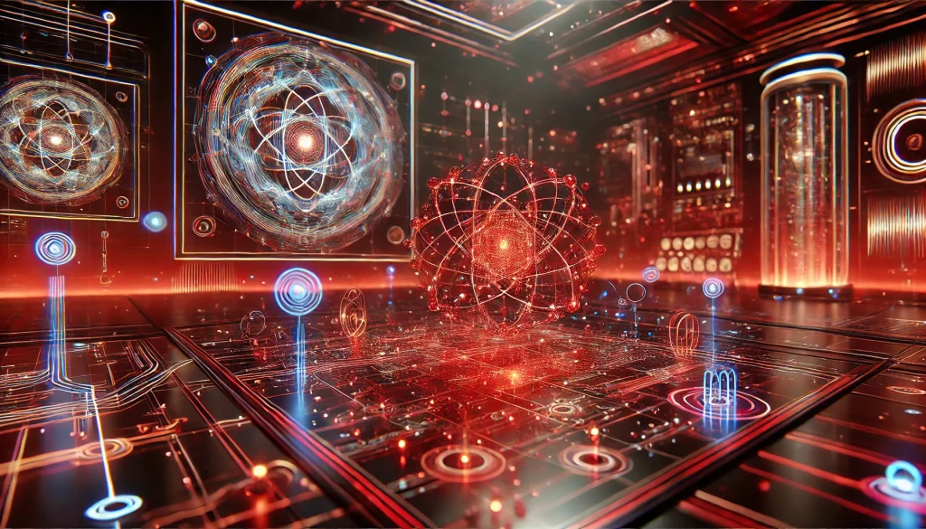 Glowing quantum circuits and entangled particles visualized in a futuristic lab with vibrant digital patterns.