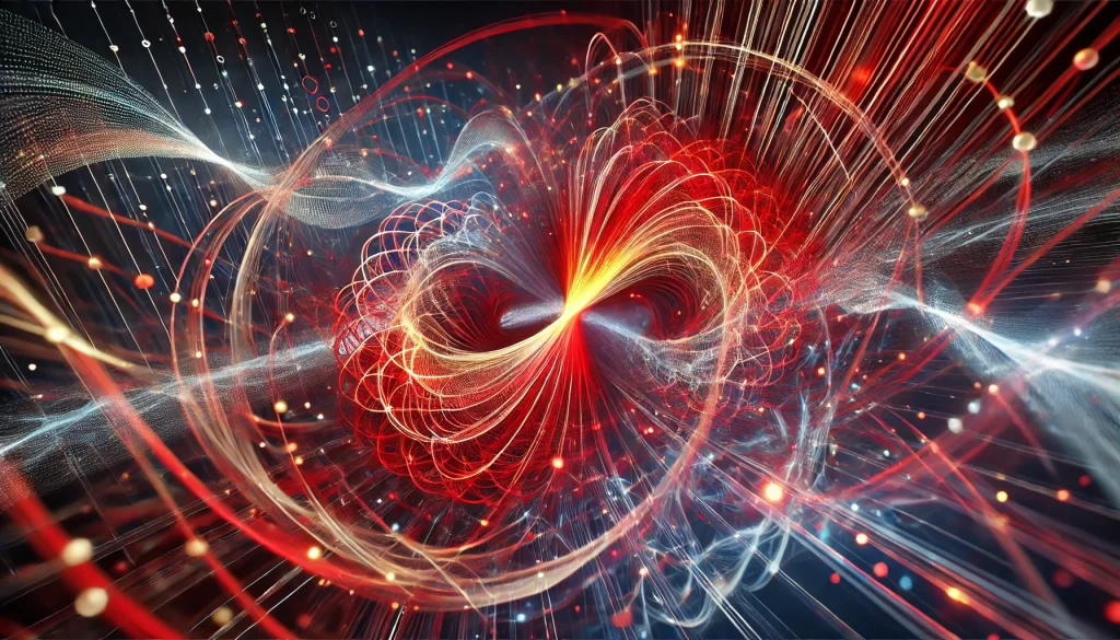 Abstract quantum wavefunctions depicted with colorful light trails, representing the complexity of quantum superposition.