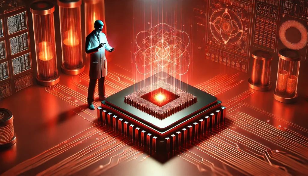  A scientist analyzing a quantum processor, with intricate qubits glowing in a high-tech environment.