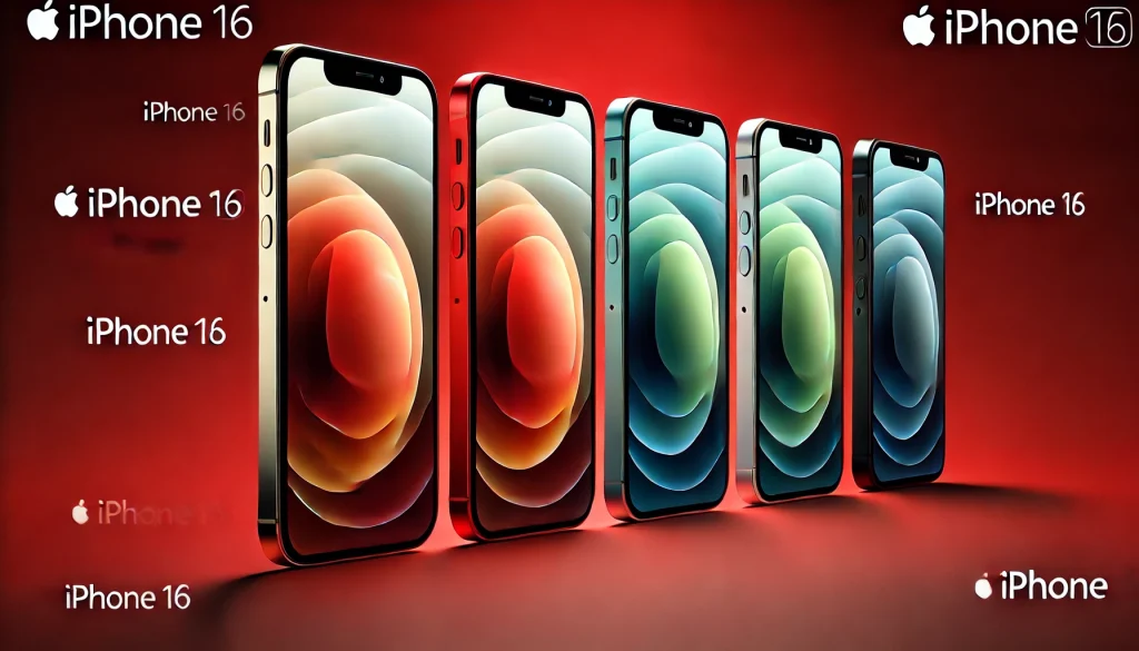 Sleek iPhone 16 in various color options.