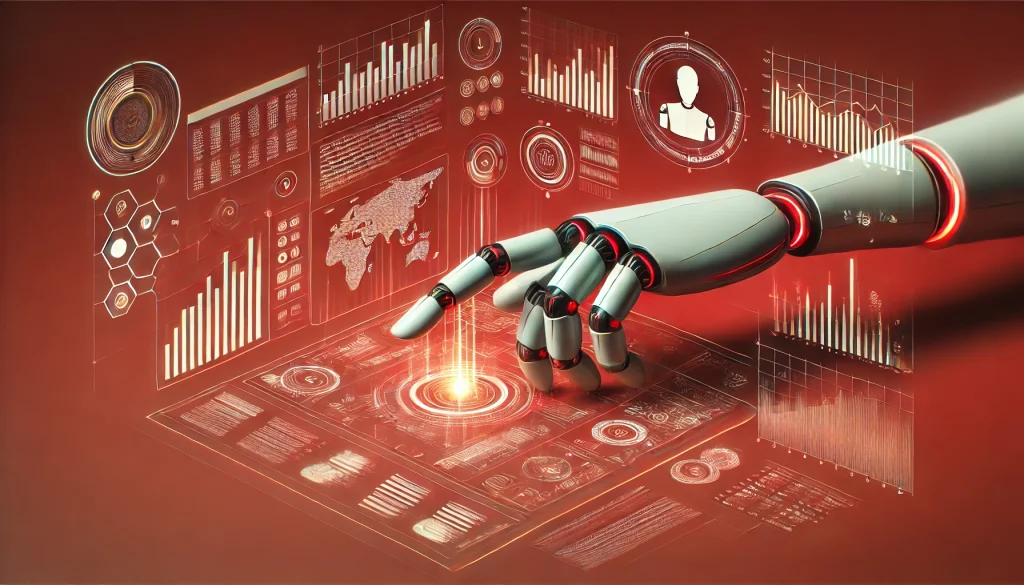 A robotic hand analyzing digital data on a futuristic interface.