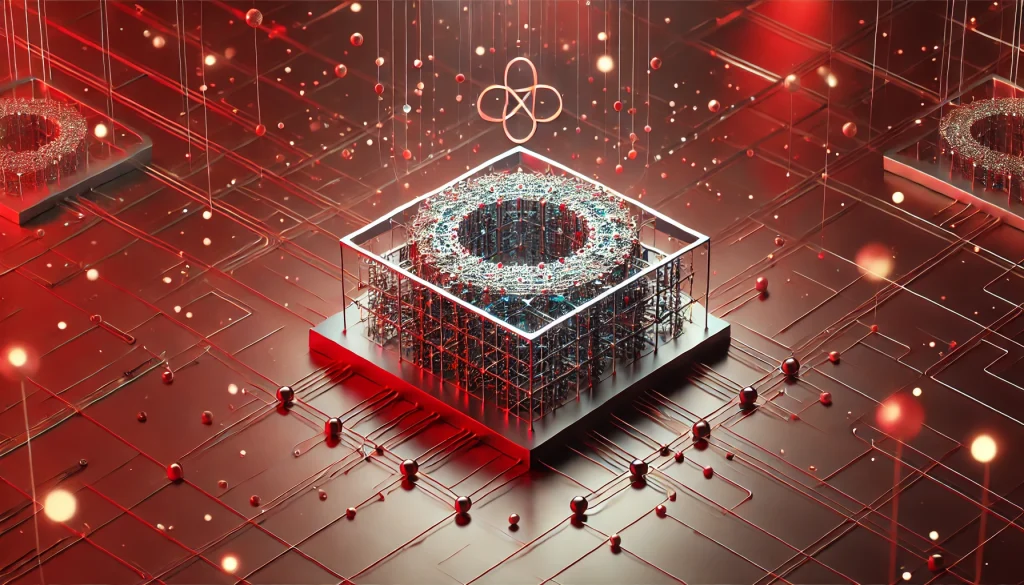 A quantum computer surrounded by glowing particles representing quantum mechanics.