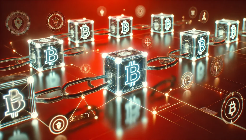 A digital chain of blocks glowing with cryptocurrency and security icons.