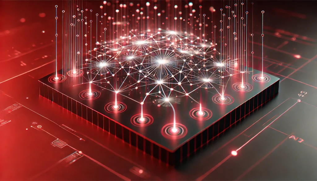 A neural network diagram with interconnected nodes processing complex data.