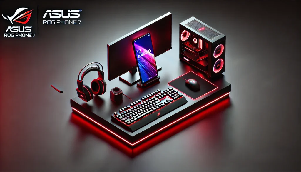 ROG Phone 7 with RGB lighting on a gaming desk.