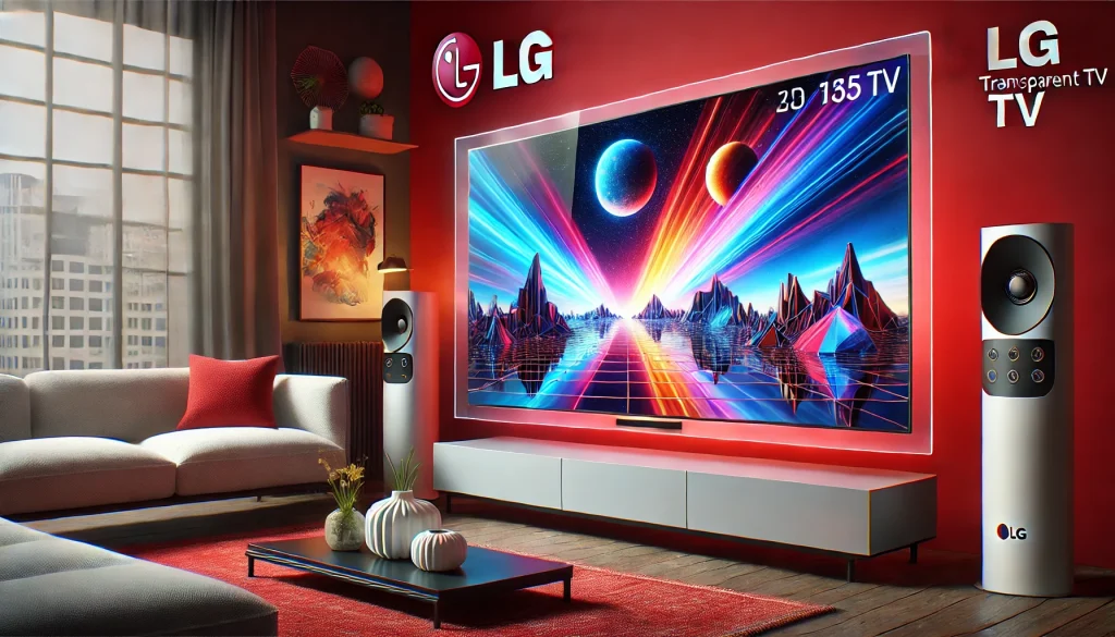 A futuristic LG transparent TV displaying vivid visuals in a modern living room.