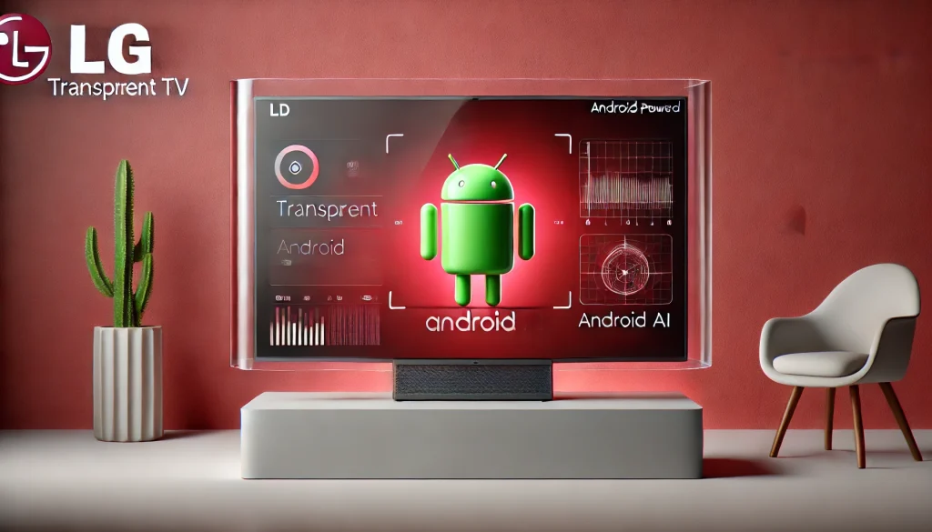 LG transparent TV showing Android-powered AI interface in a minimalist home.