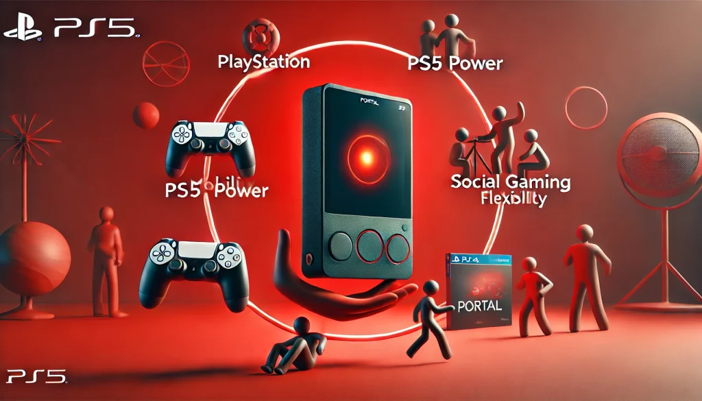 PlayStation Portal handheld device emphasizing mobility, PS5 power, and social gaming flexibility.