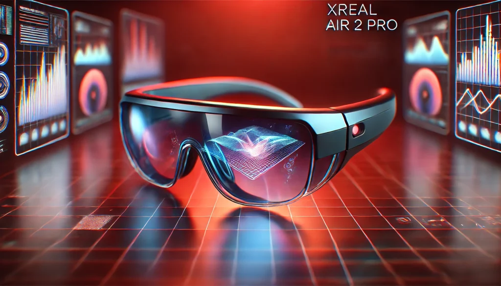 A sleek and futuristic wearable AR glasses, Xreal Air 2 Pro, showcased in a high-tech environment.