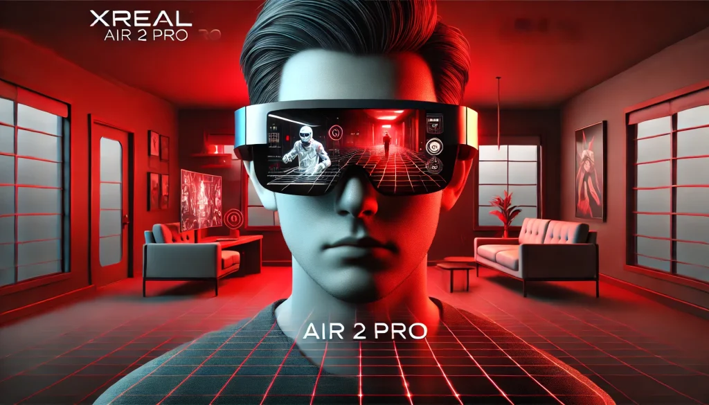 Xreal Air 2 Pro AR glasses showcasing immersive gaming experience indoors.