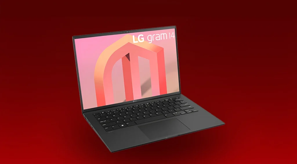 LG Gram 14 laptop on a desk, highlighting its thin, lightweight design for students.