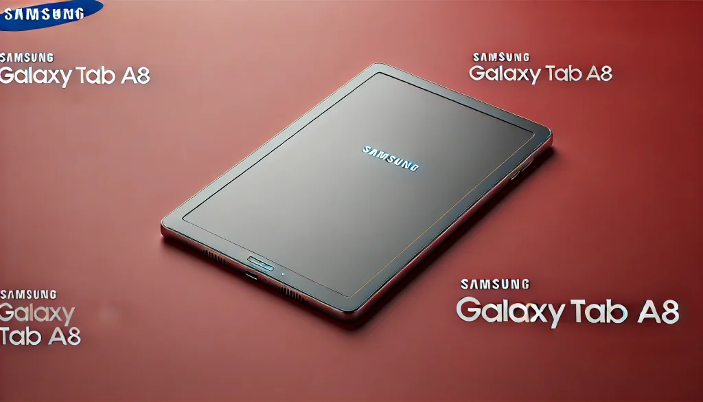 Close-up of Samsung Galaxy Tab A8's metal body and slim profile.