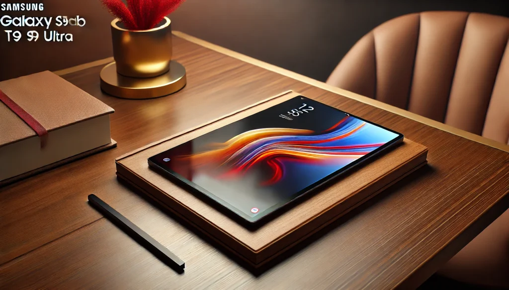 legant Samsung Galaxy Tab S9 Ultra showcased on sleek wooden desk.