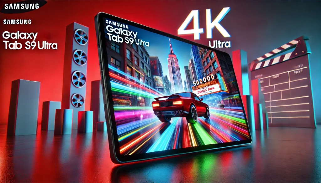 Samsung Galaxy Tab S9 Ultra streaming vivid 4K video content.