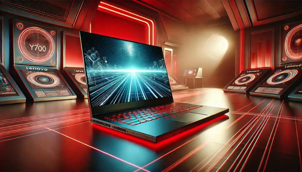 A sleek Lenovo Y700 laptop glowing in a futuristic workspace.