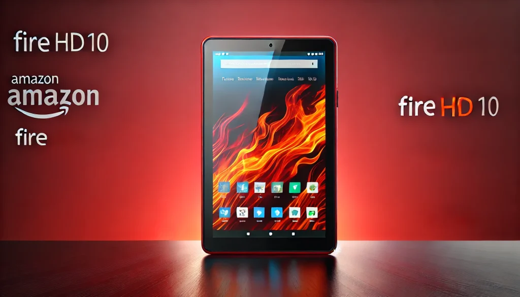 Amazon Fire HD 10 front view with vibrant display.