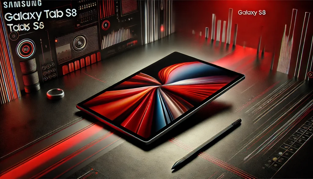 Sleek Samsung Galaxy Tab S8 with stylus on futuristic desk.