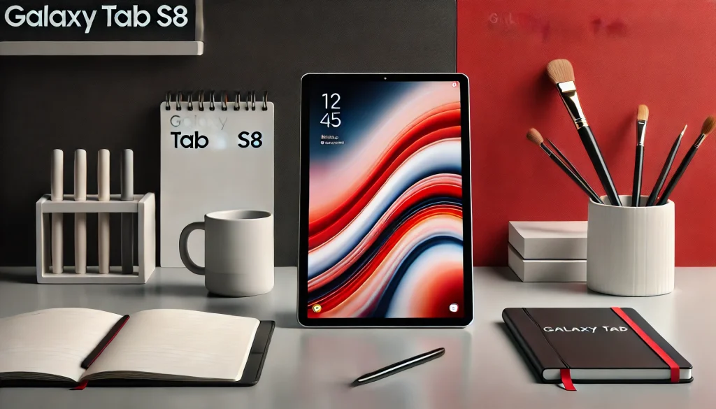 Galaxy Tab S8 displaying vibrant screen amidst minimalist workspace setup.