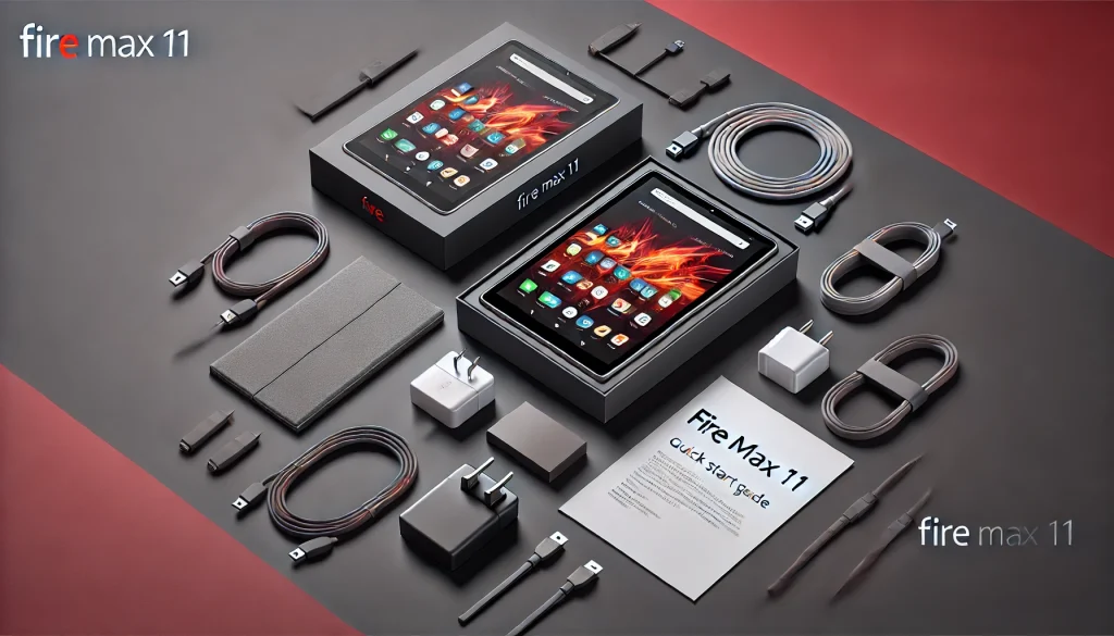 Fire Max 11 unboxed with accessories displayed neatly.