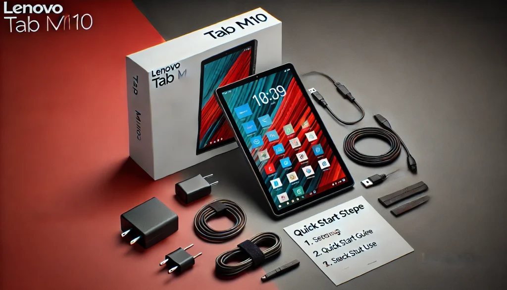 Lenovo Tab M10 unboxed with accessories and screen setup display.