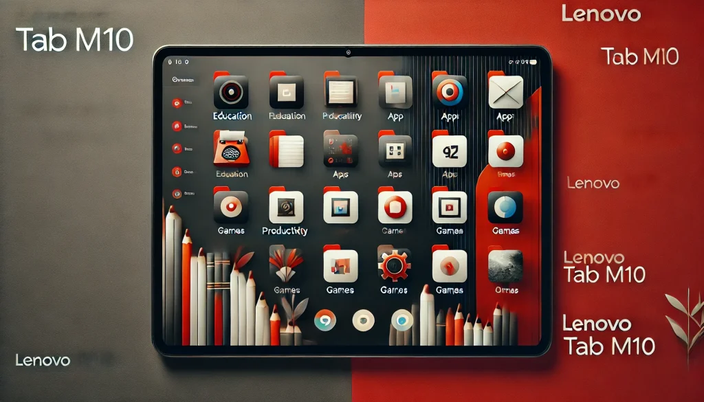 Lenovo Tab M10 home screen organized with folders for education and productivity.