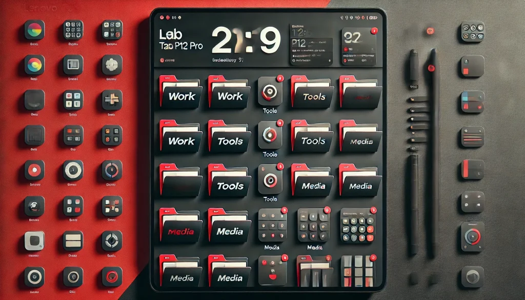 Lenovo Tab P12 Pro home screen with folders and widgets for productivity.