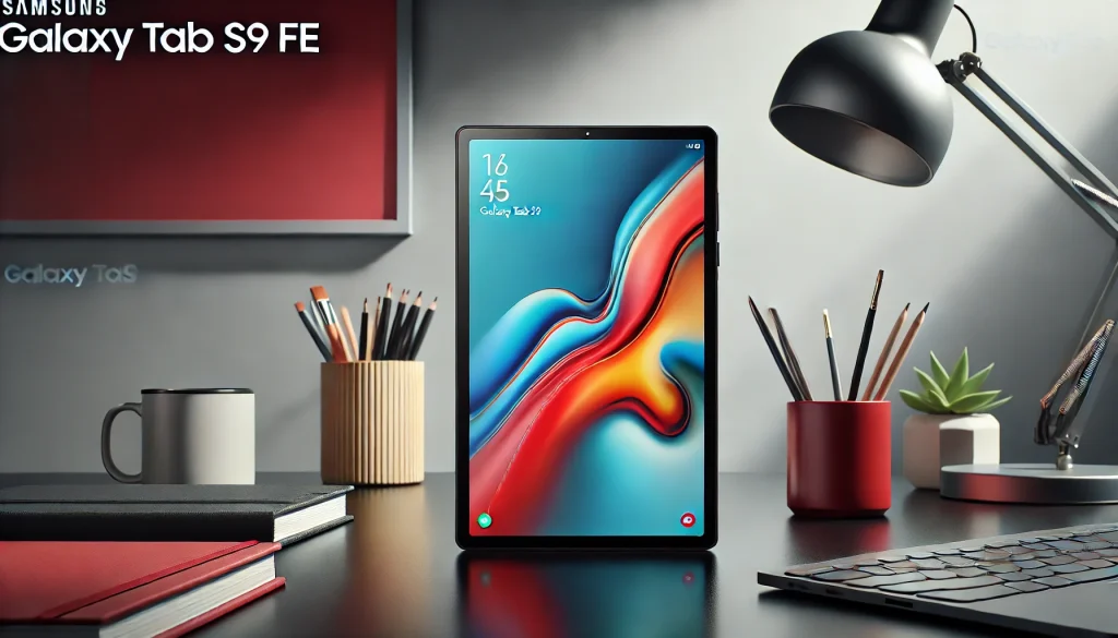 A sleek Galaxy Tab S9 FE on a modern desk.