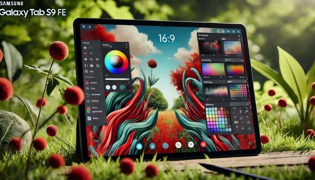 The Galaxy Tab S9 FE displaying vibrant creative apps outdoors.