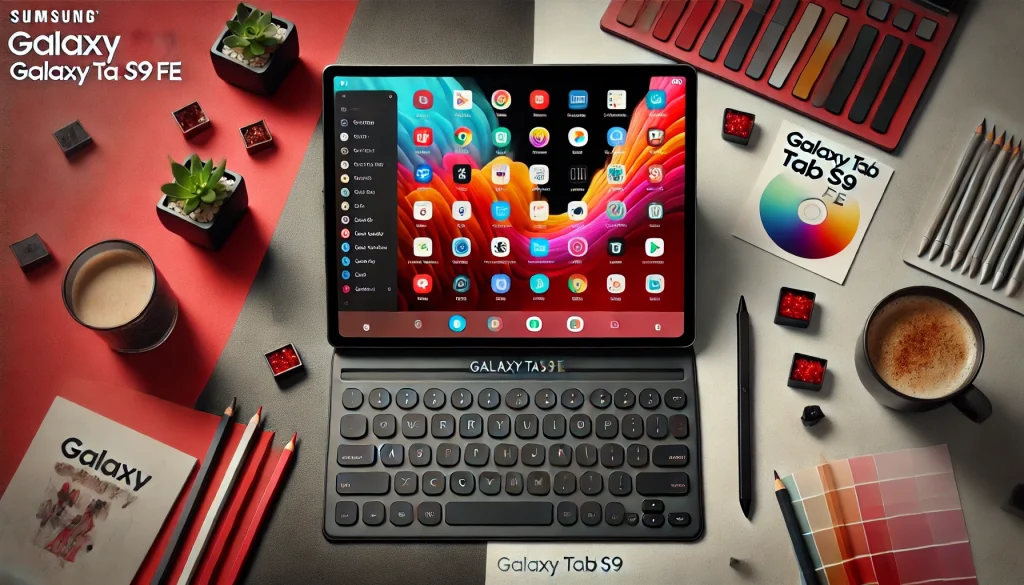 Galaxy Tab S9 FE in use with a stylus and keyboard.