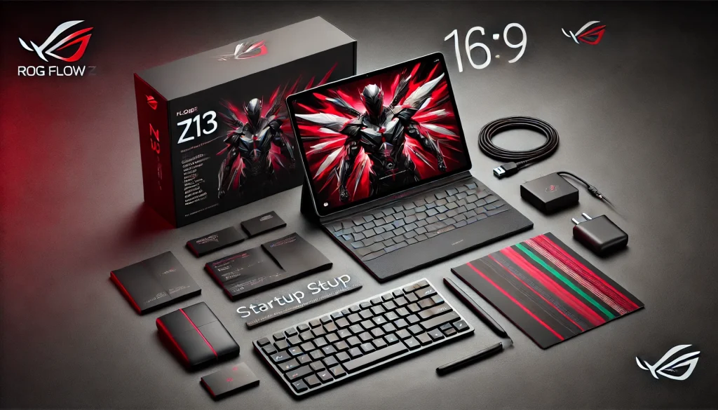 ROG Flow Z13 unboxed with accessories and startup screen displayed.